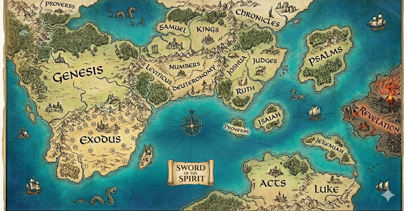 An illustrated fantasy map where books of the Bible appear as continents and islands, titled Sword of the Spirit